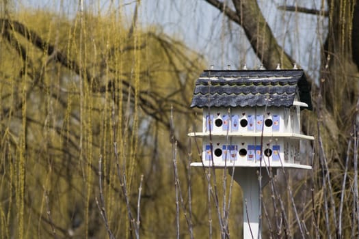 Pretty Birdhouse with willow in the background.