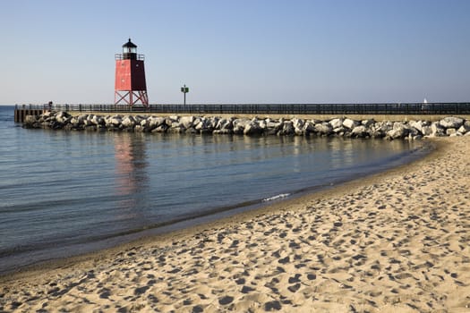 Charlevoix South Pier Lighthouse seen from the beach.