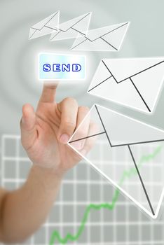 Hand pushing the send button for send the news of stock market, News concept