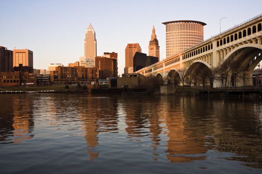 Downtown Cleveland, Ohio at sunset.