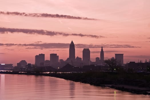 Silhouette of Downtown Cleveland - seen early morning.