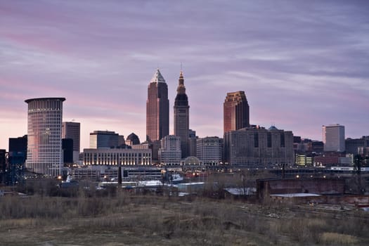 Pink sunset in Downtown Cleveland  