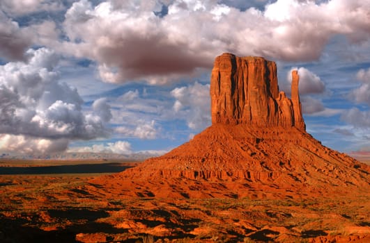 Peaks of rock formations in the Navajo Park of Monument Valley Utah known as The Mittens