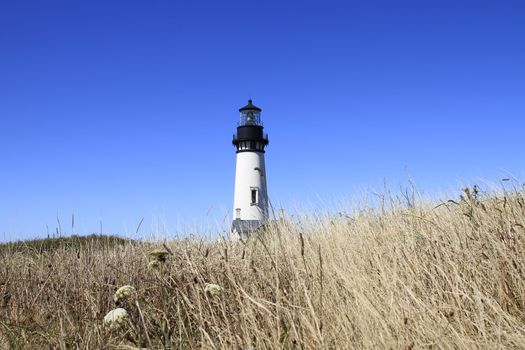 Yaquina Head Lighthouse against clear blue sky