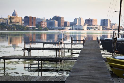 Downtown Madison seen acrross Lake Monona, sunset time.