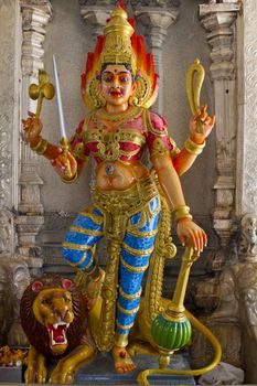 Hindu Goddess Durga on Lion with Trident in Temple