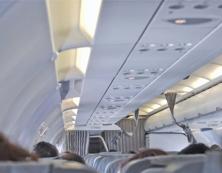 Interior view of a flying plane for passengers transportation