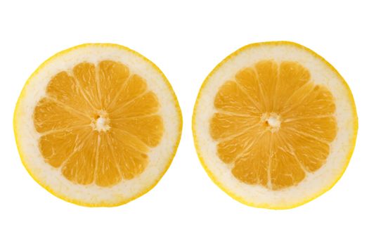 Two fresh lemon halves on white background.