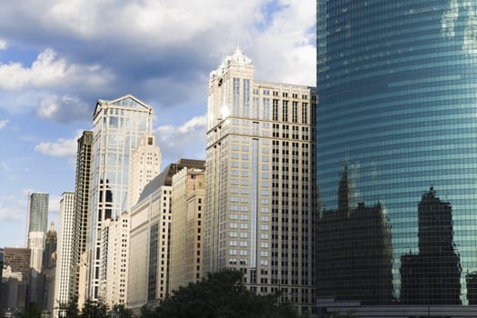 Architecture along Chicago River during summer day.