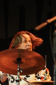 SAALFELDEN, AUSTRIA - AUG 28: Edward Perraud of the Band Das Kapital performing at Jazzfestival Saalfelden at Congresscenter Saalfelden, Austria. 