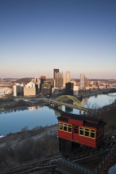 Red Trolley in Pittsburgh, Pennsylvania.