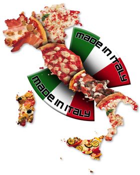 Italian territory with pizza and italian flag, made in Italy with a written