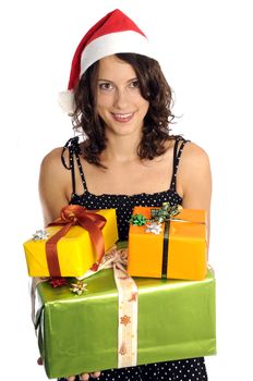 Pretty woman with santa hat holding christmas present