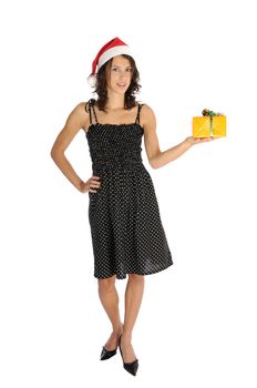 Pretty woman in dress holding christmas present