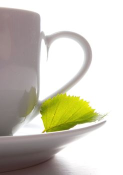 cup of tea or coffee with leaf and white copyspace