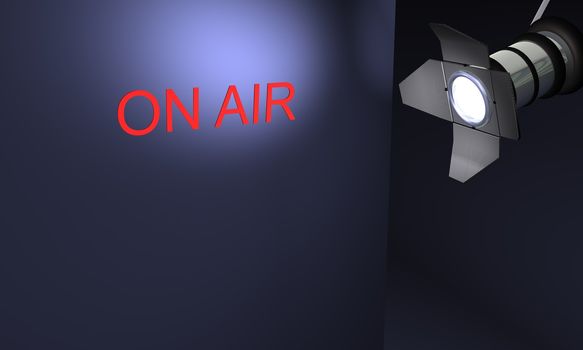 Studio with text on air on blue background