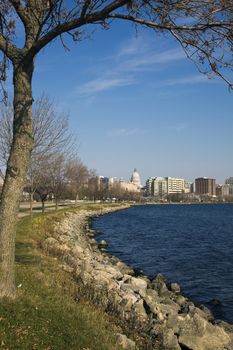 Downtown Madison seen from the park across Lake Monona.