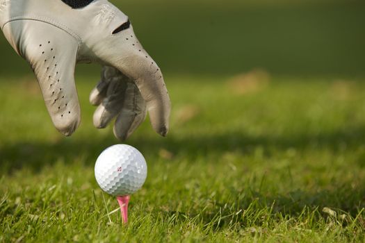 Human hand positioning golf ball on tee, close-up