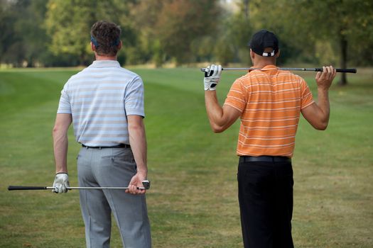 Young men standing in golf course with sticks, rear view