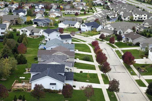 Suburban life - aerial photo. Autumnal, overcasted day.