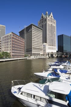 River in downtown Milwaukee, Wisconsin.