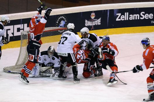 ZELL AM SEE; AUSTRIA - SEPTEMBER 3: Red Bull Salute Tournament. Jeff Friesen (Berlin) scores in the second period to set the score 3-0.  Game between TPS Turku and Eisbaeren Berlin  (Result 1-4) on September 3, 2010, at the hockey rink of Zell am See