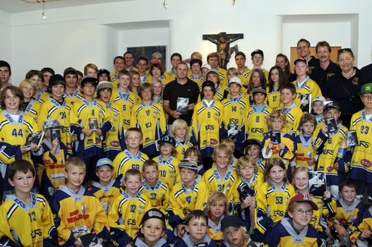 Zell am See, Austria - Jul 8. NHL star player Thomas Vanek visits his hometown Zell am See in Austria on 8th July 2010, to speak to young players of the hockey club Zell am See and giving autographs.