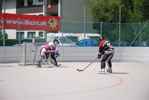 Roller hockey derby in Zell am See, Austria. Conference finals between the Roadrunners Zell am See versus the Zell am See Heart breakers.