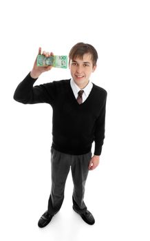Teen school boy holding a wad of cash  up in one hand. eg charity, fundraiser, fees, etc. NB:  1/2 note in view. (http://www.secretservice.gov/money_illustrations.shtml)