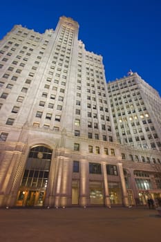 Wrigley Building in Chicago during blue hour.