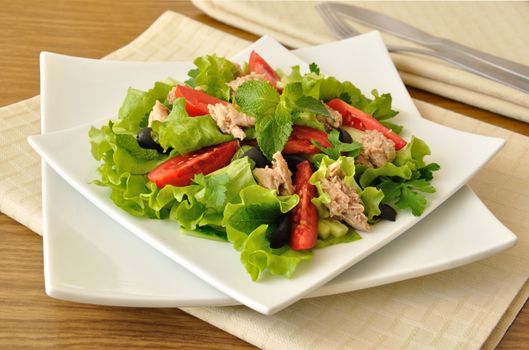 Tuna salad with mint and mixed vegetables with olives