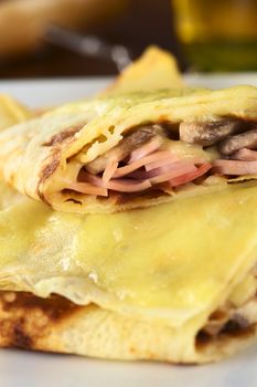 Rolled crepes filled with ham, cheese and white mushroom and baked with grated cheese on top (Selective Focus, Focus on the filling of the upper half crepe) 