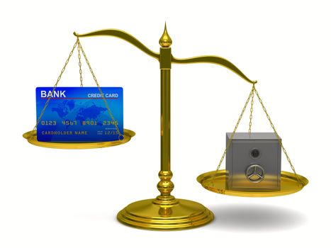 credit card and safe on scales. Isolated 3D image
