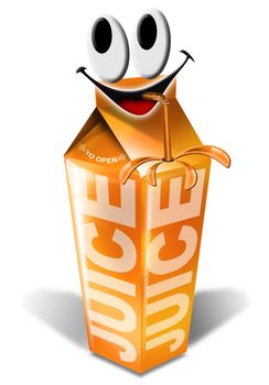 Packaging of orange juice with a smiling face and straw
