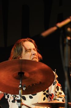 SAALFELDEN, AUSTRIA - AUG 28: Edward Perraud of the Band Das Kapital performing at Jazzfestival Saalfelden at Congresscenter Saalfelden, Austria. 