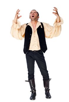 Male vampire with wounded face raising his arms and looking up, screaming, isolated
