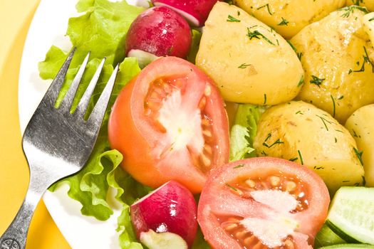 food series: tasty boiled potatoes with tomato, radish and lettuce