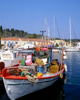 Greek fishing boat in the port of Fiscardo on the island of Kefalonia