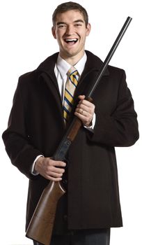 An unstable businessman clutching a shotgun.