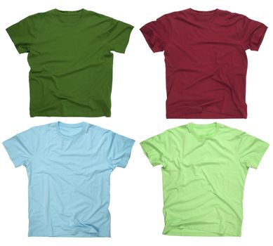 Photograph of four blank t-shirts, burgundy, dark green, lime, and light blue.  Clipping path included.  Ready for your design or logo.
