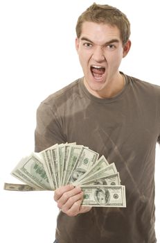 A young man screaming while showing off his money.