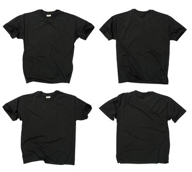 Photograph of two wrinkled blank black t-shirts, fronts and backs.  Clipping path included.  Ready for your design or logo.
