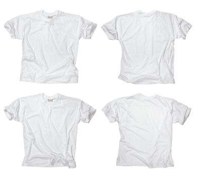 Photograph of two wrinkled blank white t-shirts, fronts and backs.  Clipping path included.  Ready for your design or logo.
