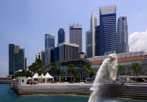 View of Singapore city, harbour, and Singapore Icon.
