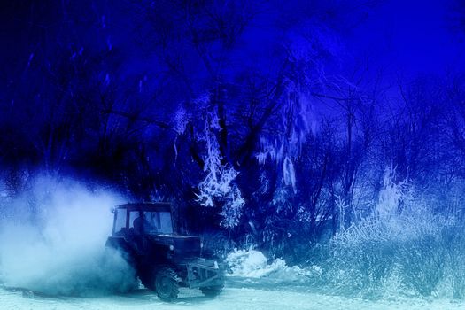 abstract background scene drawing industrial tractor in fantasy winter wood