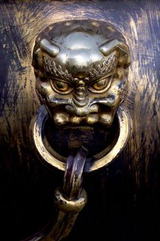 Closeup of a brass handle from a water vat in Beijing.
