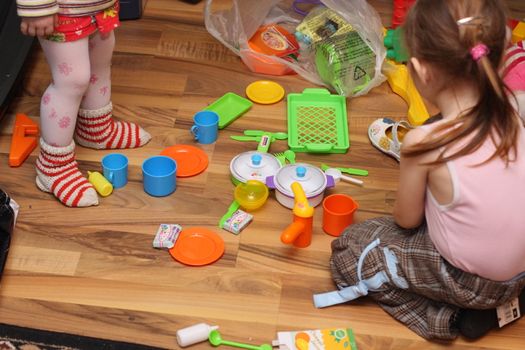 Toys, children, the child, a parquet, a floor to play, orange, green, dark blue, a pan