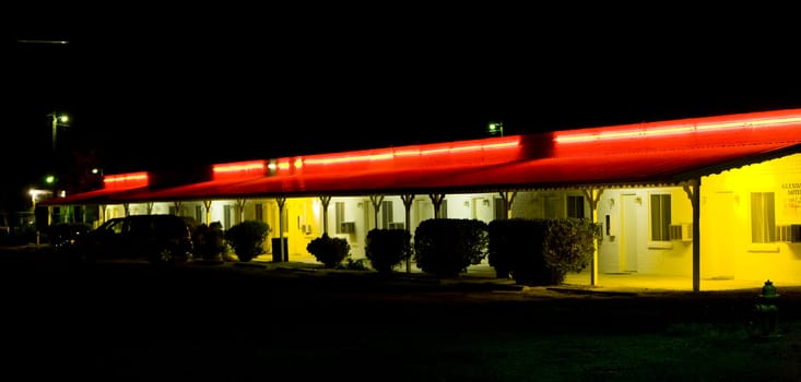 motel at night, Glendale, Nevada, USA