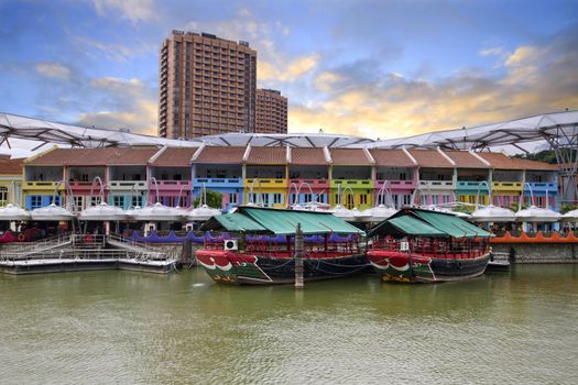 Colorful Historic Houses by Singapore River at Clarke Quay