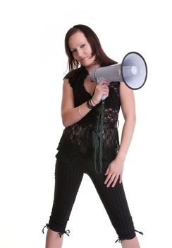 pretty young woman with megaphone isolated on white